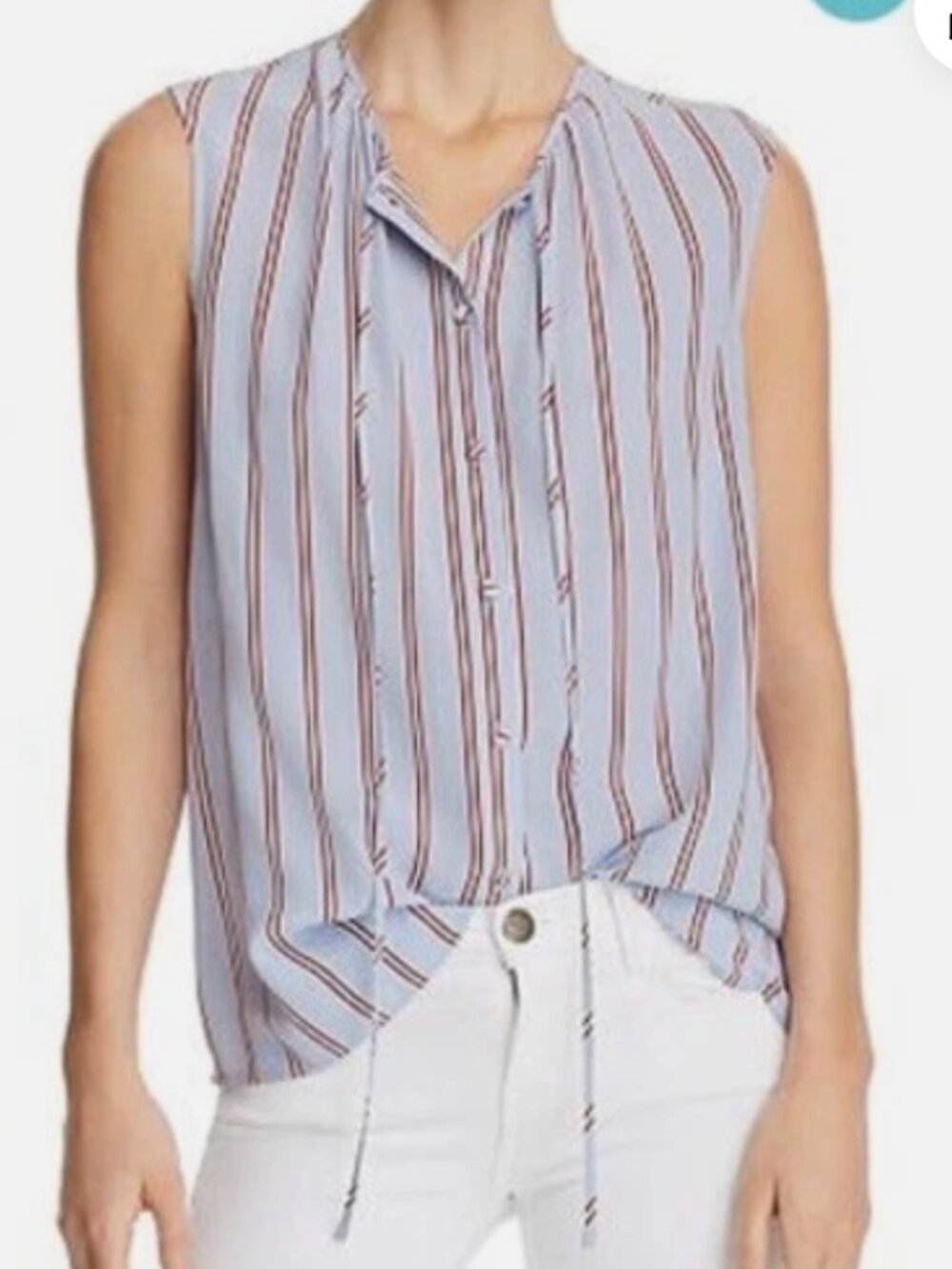 FRAME 100% Silk Striped Sleeveless Top Light Blue & Red M